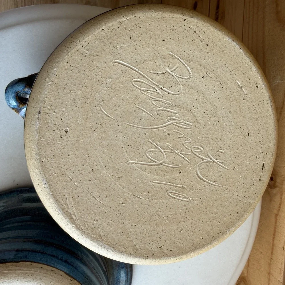 Handmade Pottery Bread Bowl Double Pot Blue Cottage Core Decor Baugnet